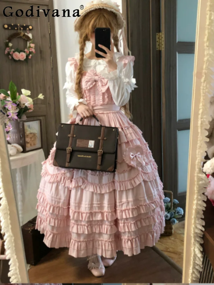 Sweet Pink Lolita Bow Slash Neck Jsk Princess Suspender Dresses Fashion High Waist A-line Age Reduction Ruffles Cake Long Dress