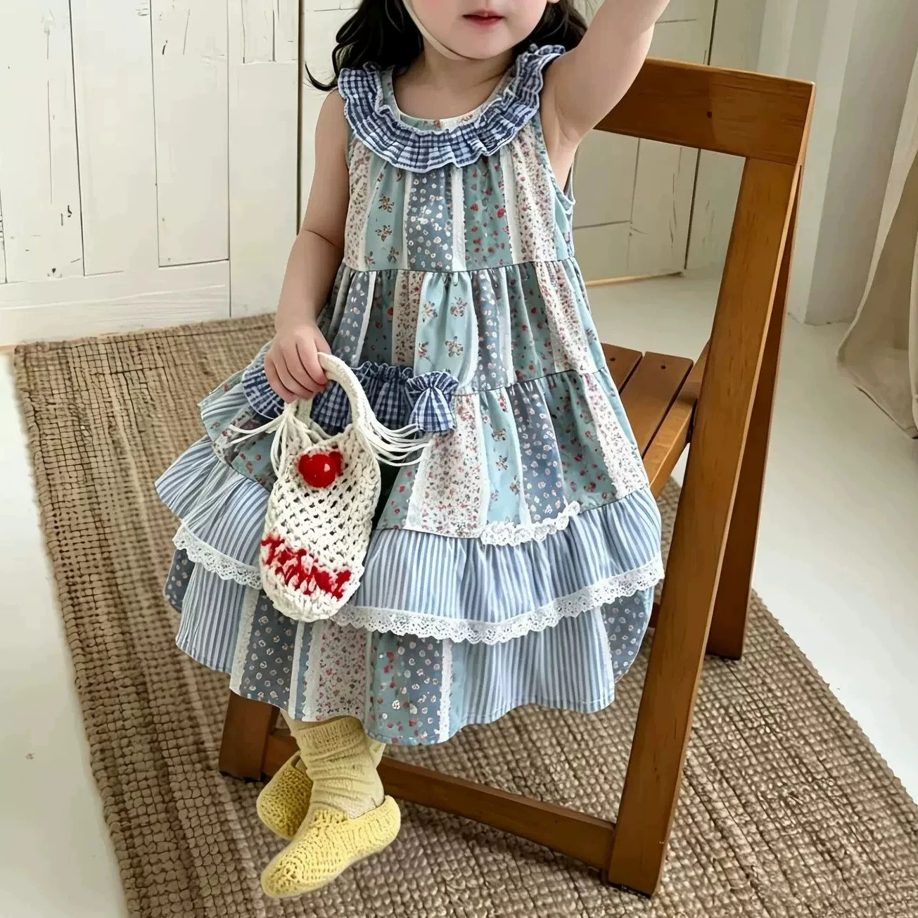 Baby Girls Dress Rustic Style Hanging Neck Lace Collar Color Blocked  A-line Dress 2026 Summer New Children's Clothing