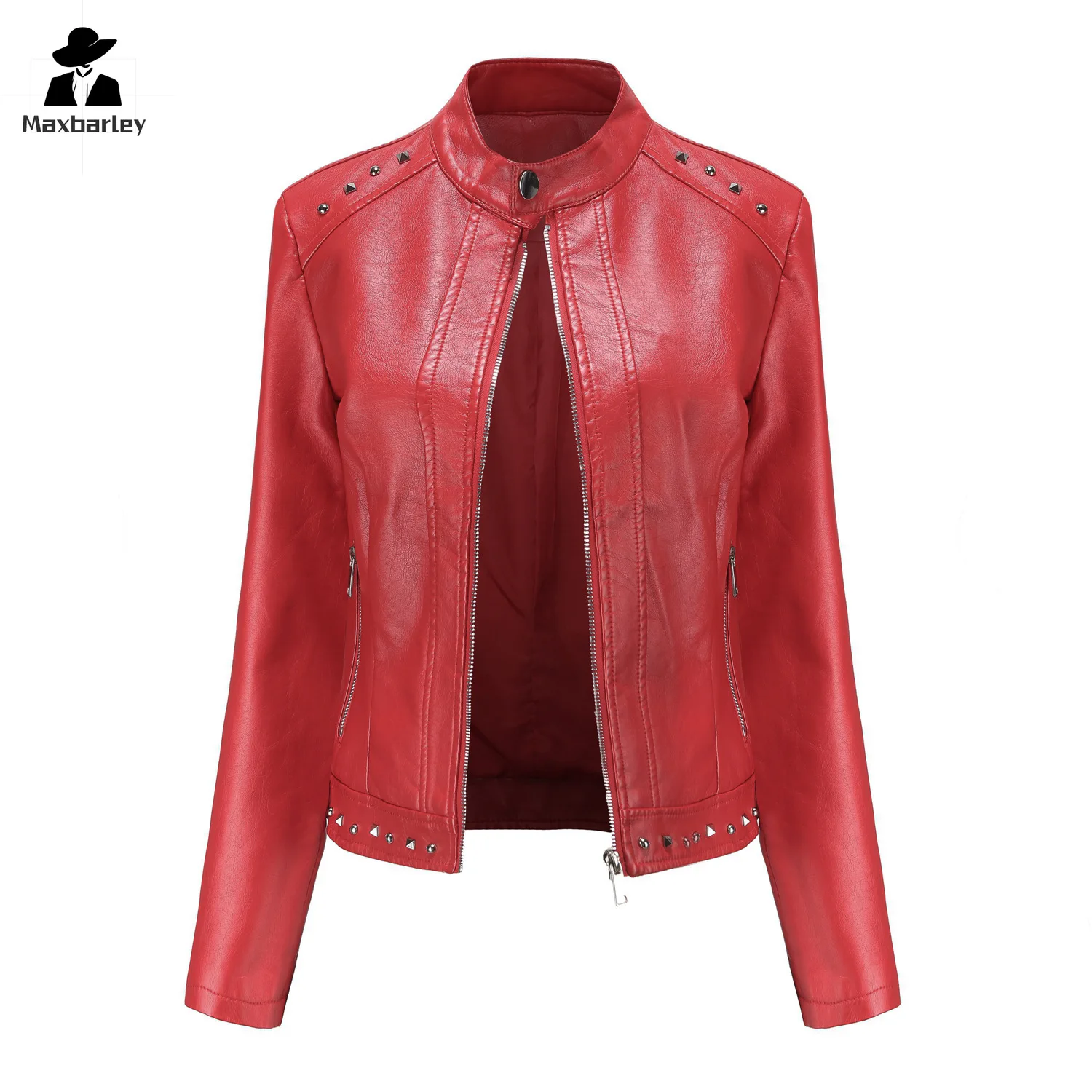 Chaqueta corta de cuero sintético para mujer, abrigo ajustado con remaches, color rojo, moda urbana, 2024