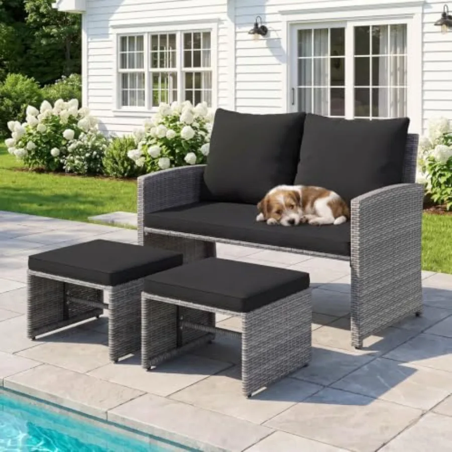 Outdoor Loveseat with 2 Ottomans, 3 Pieces Patio PE Wicker Furniture Set with Cushions, Outside Rattan Conversation Set for Bal