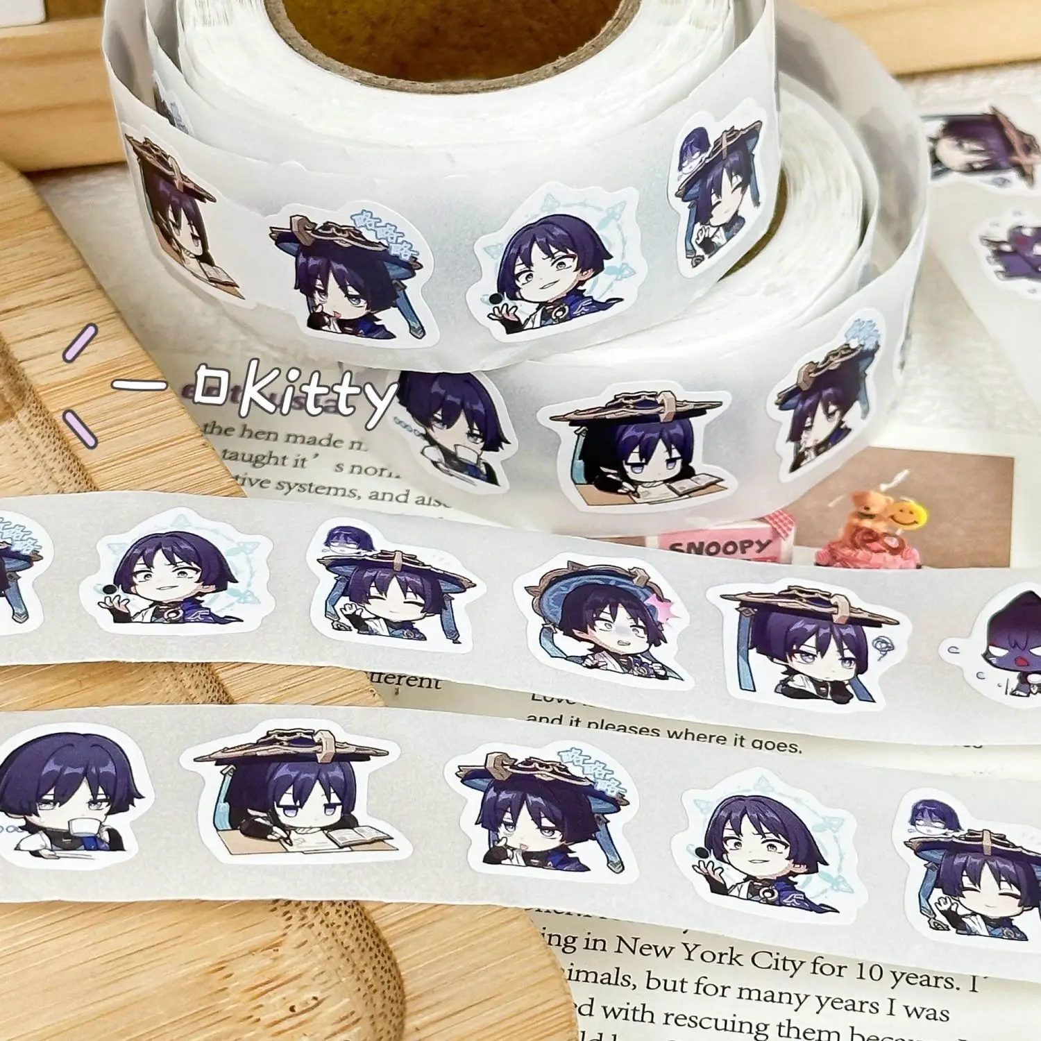 1 rollo de 500 Uds. Genshin Impact Wanderer Anime versión Q cinta decorativa para diario de dibujos animados Kawaii pegatina redonda Seag Girl