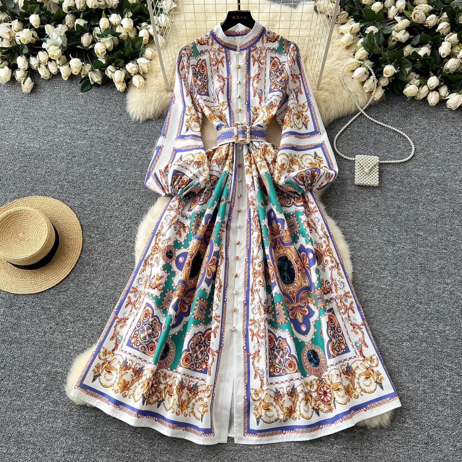 

Fashion Runway Holiday Paisley Linen Robe Dresses Women's Stand Long Lantern Sleeve Vintage Print Belt Party Elegant Vestidos