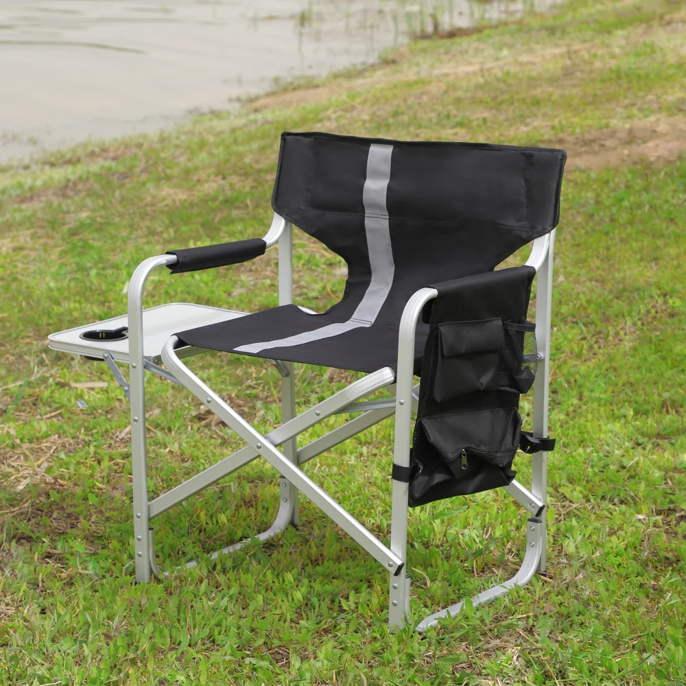 

Black Grey 1-piece Padded Folding Outdoor Chair with Side Table Storage Pockets Lightweight Oversized Capacity for Camping