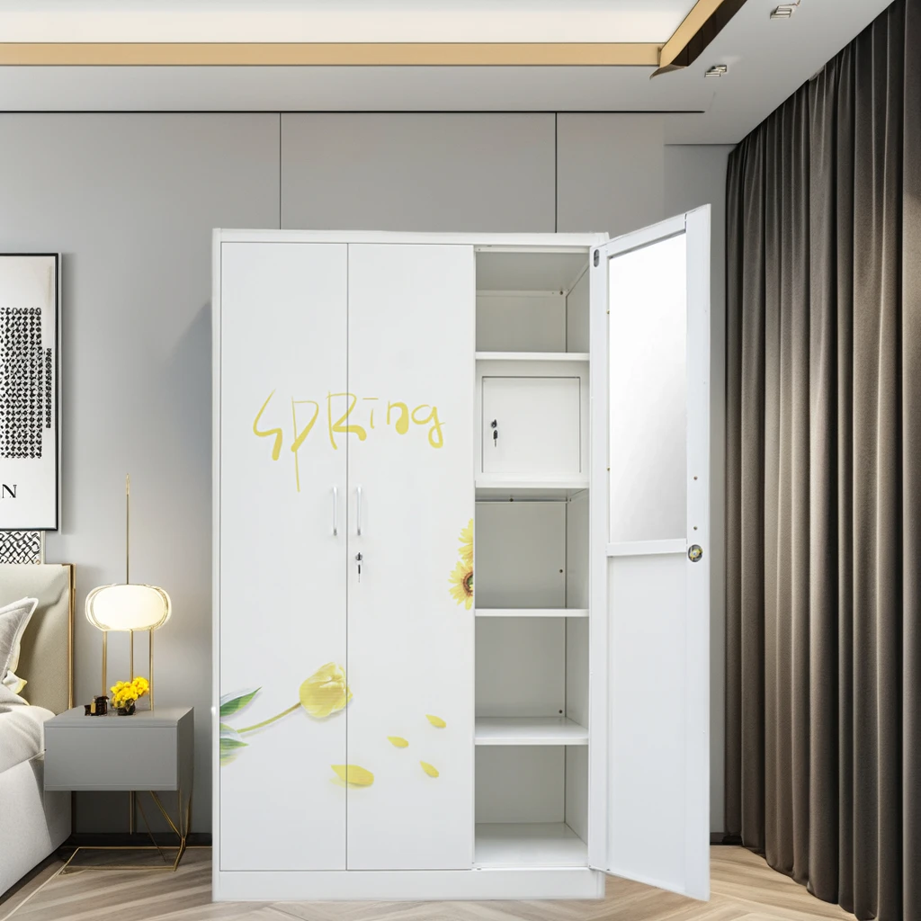 for Tengle Flash Sale Cheap Steel 3 doors Almirah Designs Bedroom Steel Flower Printing Metal Wardrobe with lock and key lemari