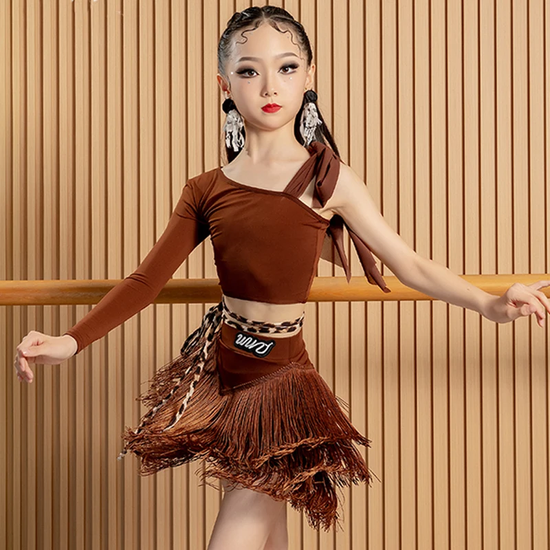 

Girls Latin Dance Clothing Brown Oblique shoulder Split Suit Fringe Skirt Practice Dancing Clothes Stage Performance Wear VDL48