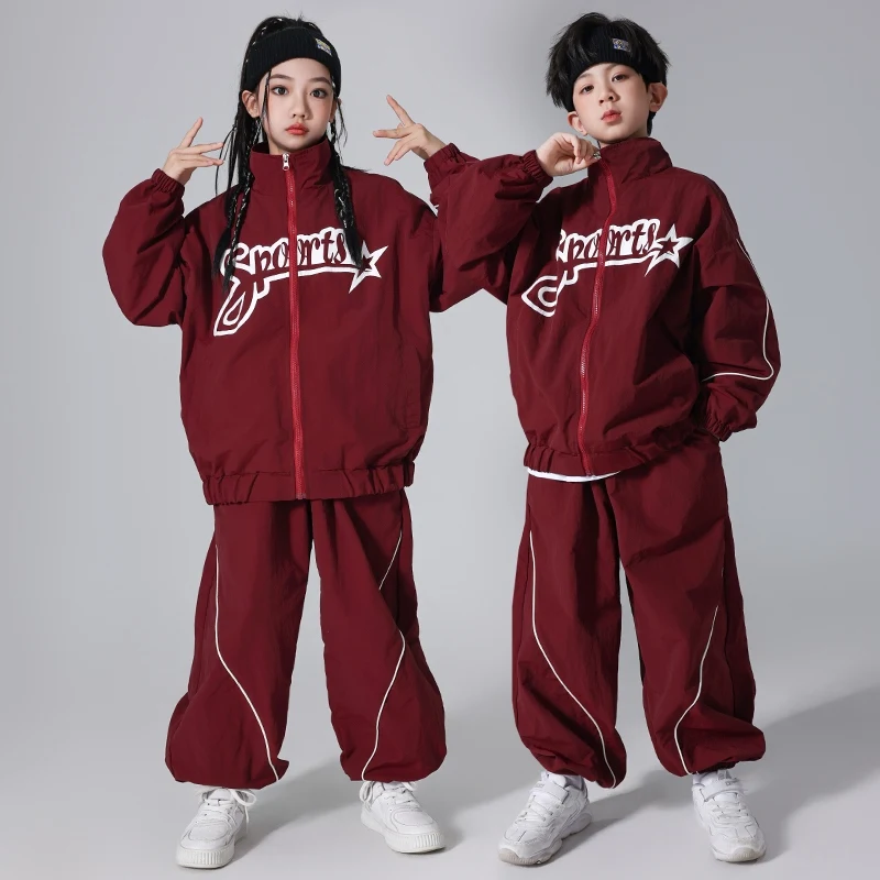 Neue Kinder Hip Hop Outfit Street Dance Kleidung Baggy Burgund Set Jungen Mädchen Sport Jazz Performance Kostüm Team Dancewear L13651