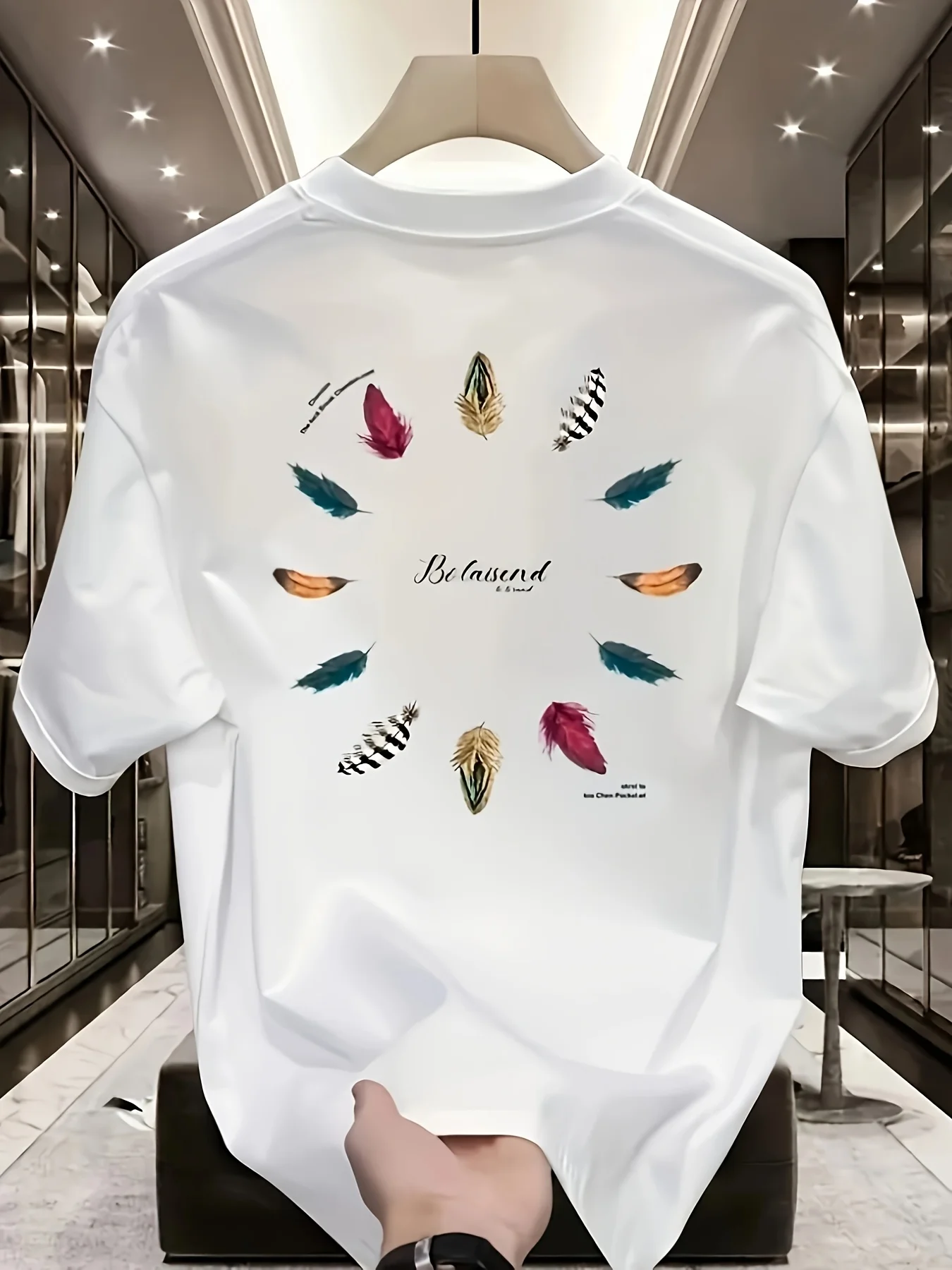 Elegant Multicolor Feather Wreath Tee with Delicate Watercolor Print and Script Lettering 100% Cotton Men T-shirt Summer Casual