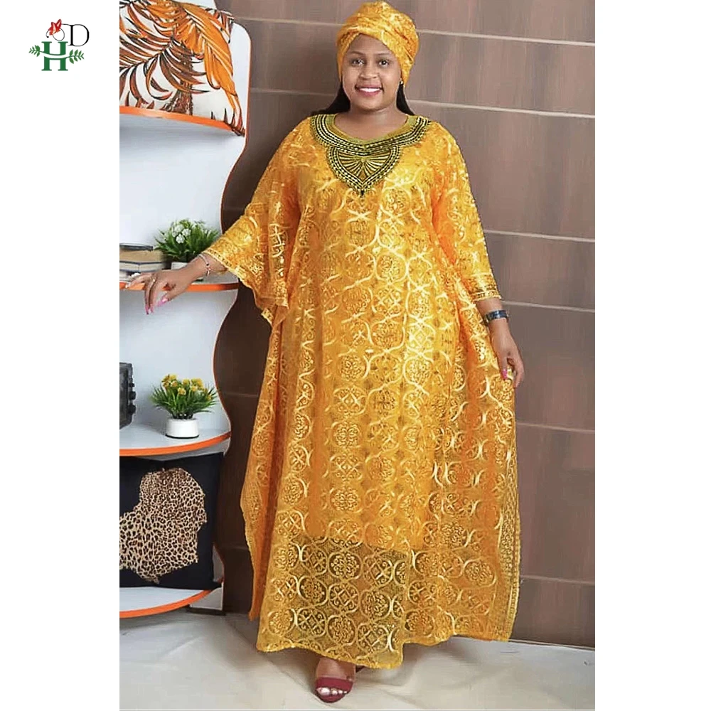 H&D Dashiki African Dresses For Women Spring Summer African Muslim Ramadan Blue Yellow O-Neck Dress Inner With Headtie Clothes