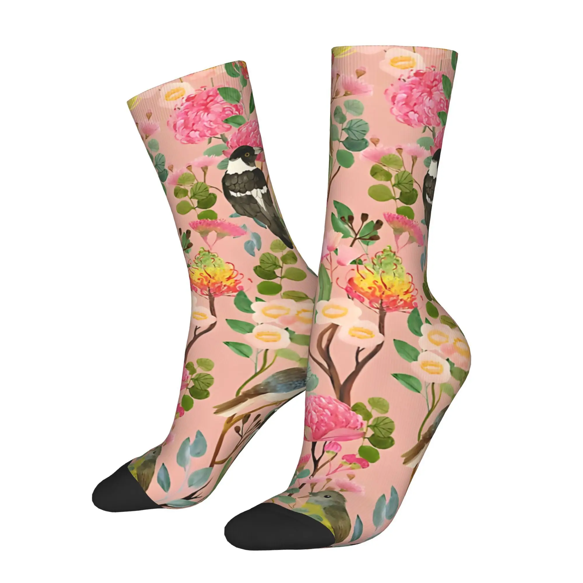 1pc Australian Birds And Blooms  Flora Printed Men's Socks  Novelty Hip Hop Harajuku Pattern Crew Sock Casual Gift