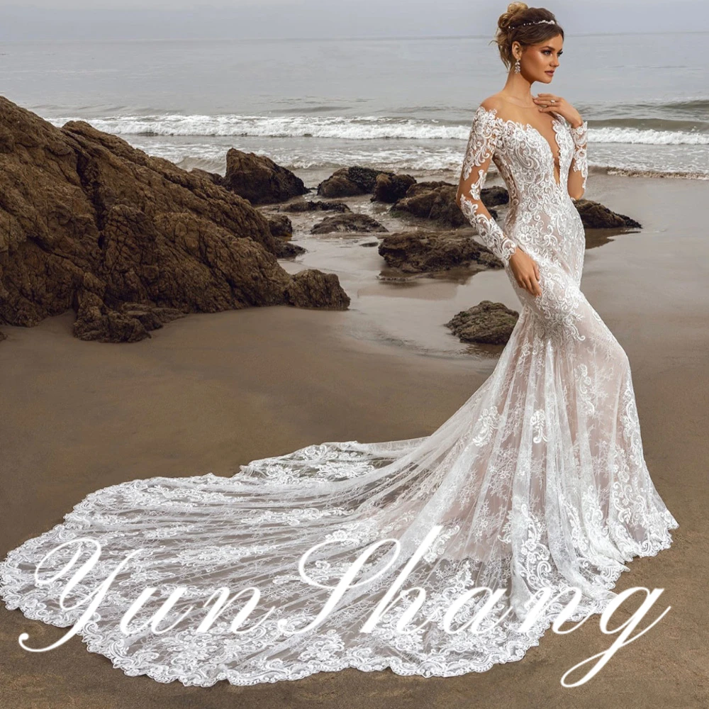 YunShang Customized Romantic Long Sleeve Intricately Embroidered Lace V Neck Mermaid Wedding Dress with Graceful Sheer Back Sexy image 5