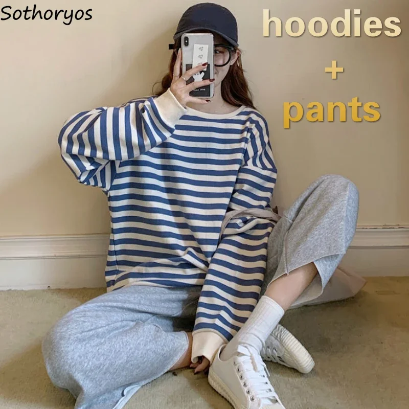 Women Sets Striped Long Sleeve Hoodies Solid Elastic Waist Ankle-length Pants Leisure Chic Streetwear Teens Unisex Harajuku New