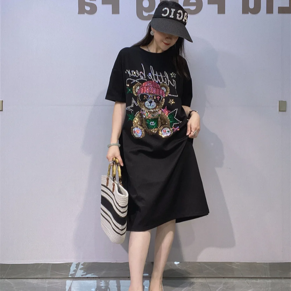2026 new spring summer oversize women mid-long t-shirt dress cartoon hot diamonds casual short sleeve straight dress cotton tops