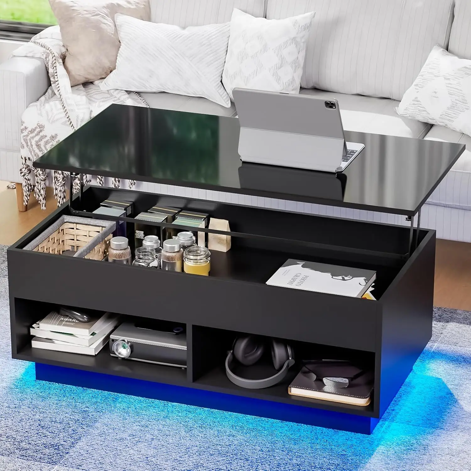 LED Coffee Table With Storage & Lift Top, 2 Shelves High Gloss Table For Living Room Bedroom Office, 40