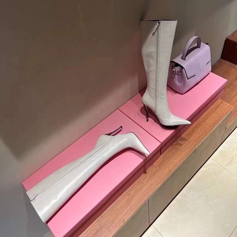 Women's new pointed metal thin high heel pointed side zipper patent leather knee high boots