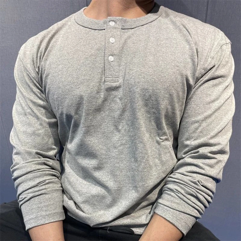 

Mens T-Shirt Cotton Henley Collar T-Shirt Daily Comfortable Versatile Simple Solid Color Long Sleeve Top Men'S Clothing 2024