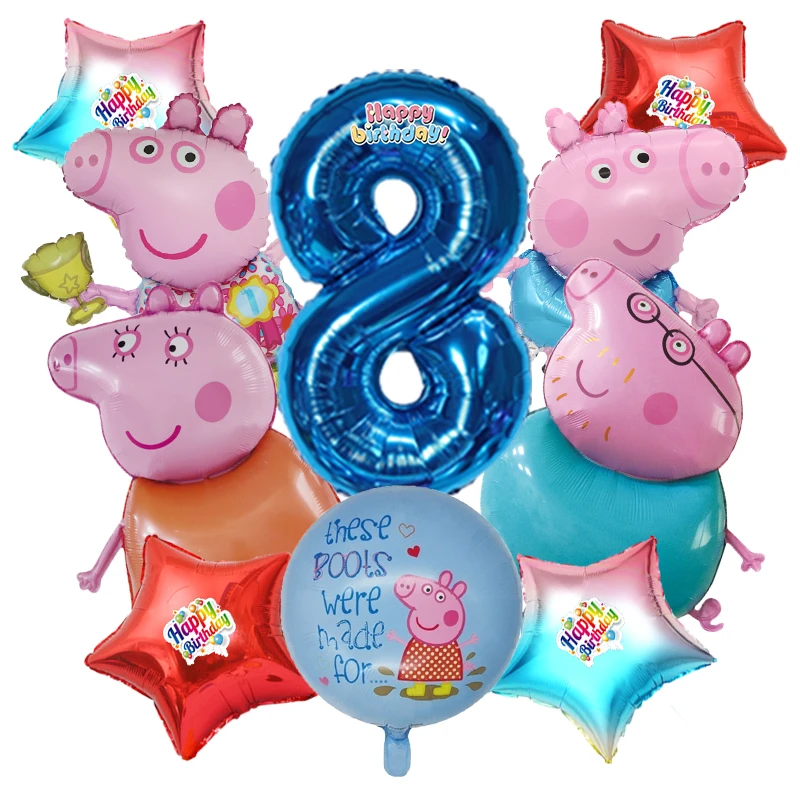 10pcs Cartoon Peppa Pig Family Balloon Kit Dark Blue Digital 0-9 Foil Globos Star Round Themed Balloons Birthday Backdrop Decor view 4