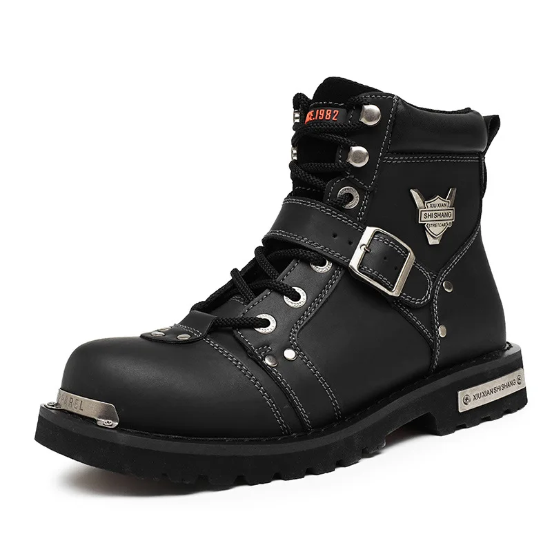 Men's Shoes Tooling Boots Autumn and Winter High-top Lace-up Metal Locomotive Street Thick-soled Leather Casual Cotton Ankle