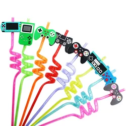 8pcs 26cm Reusable Game Controller Plastic Helical Straws Gamepad Toys Straw Game Console Theme Kids Birthday Party Decor