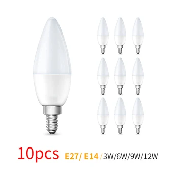 Lâmpada LED de poupança de energia para decoração doméstica, lâmpada de vela, luz do candelabro, holofotes, 220V, 3W, 6W, 9W, 12W, E27, E14, 10pcs