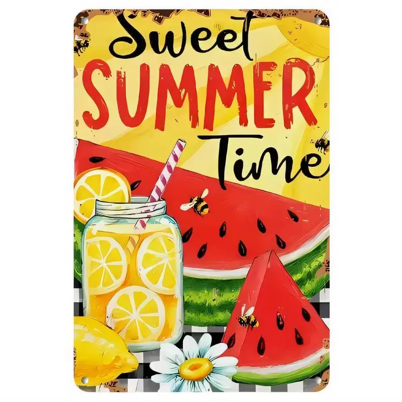 Vintage Metal Tin Sign Sweet Summer Time - Colorful Watermelon Lemon Bees Daisy Design, Iron Wall Art for Home/Kitchen/Garden, D