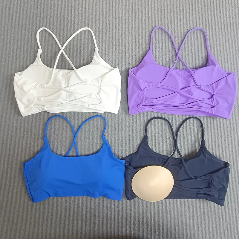 

Solid Color Sports Bra U-Shaped Multi-Strap Cross Back Women Fitness Top Gym Yoga Athletic Tight Workout Jog Soft With Chest Pad