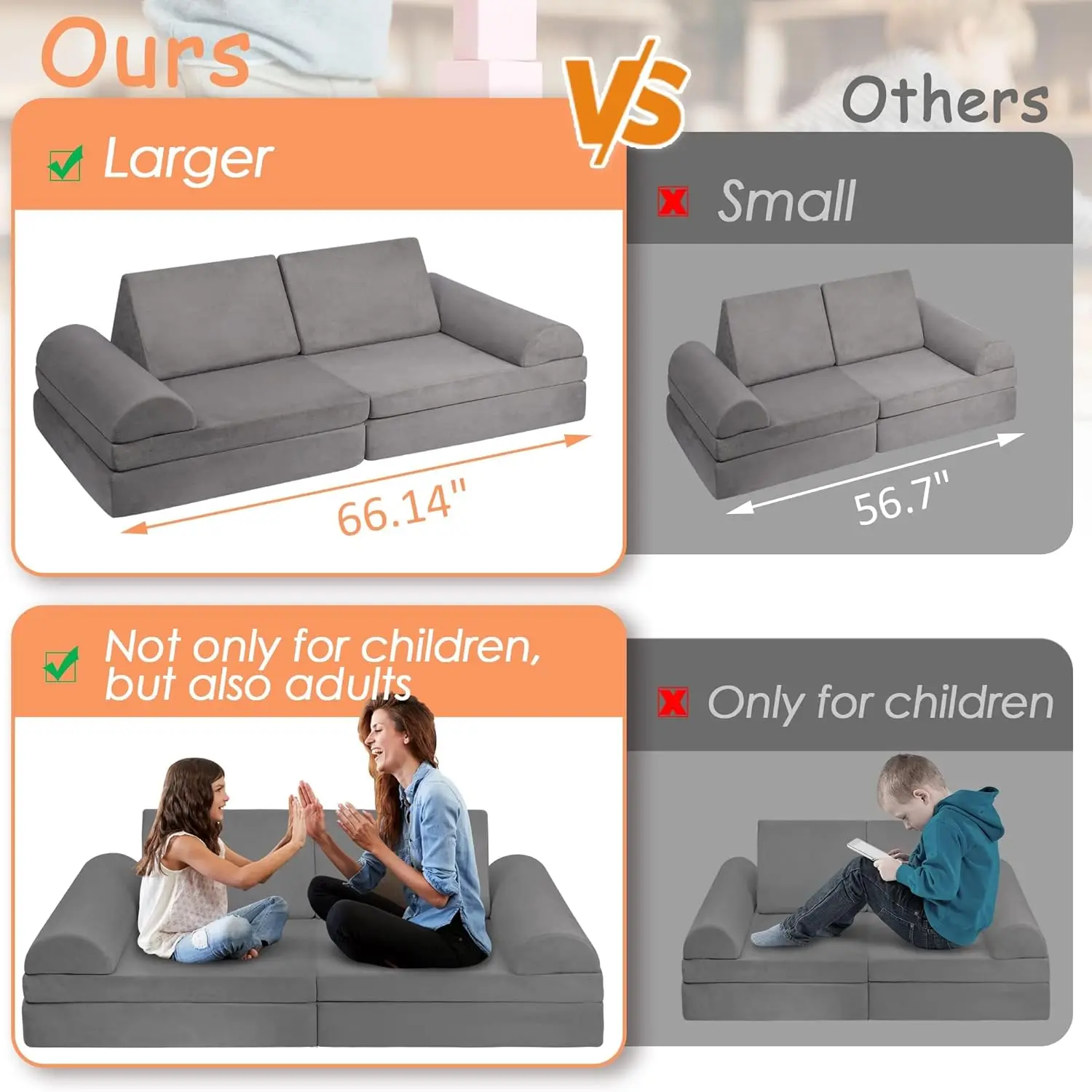 Couch Sofa for Kids Large Size, Modular Kids Play Couch, Kids Couch Building Fort for Playroom Bedroom, Children Convertibl