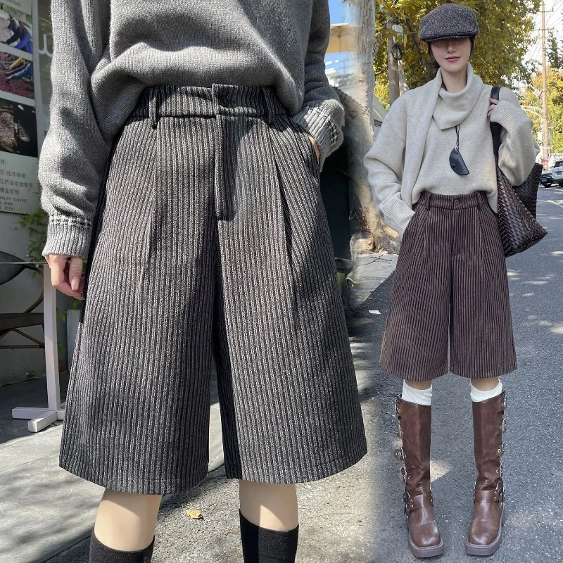 Coffee Retro Striped Five-point Trousers Women's Autumn and Winter Small Loose Casual Temperament Wide-leg Trousers