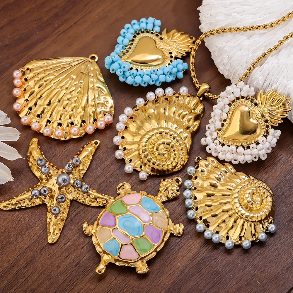 

1-2pcs Stainless Steel Large Starfish Shell Conch Pearl Charms Gold Heart Pendants for Jewelry Making DIY Necklace Accessories