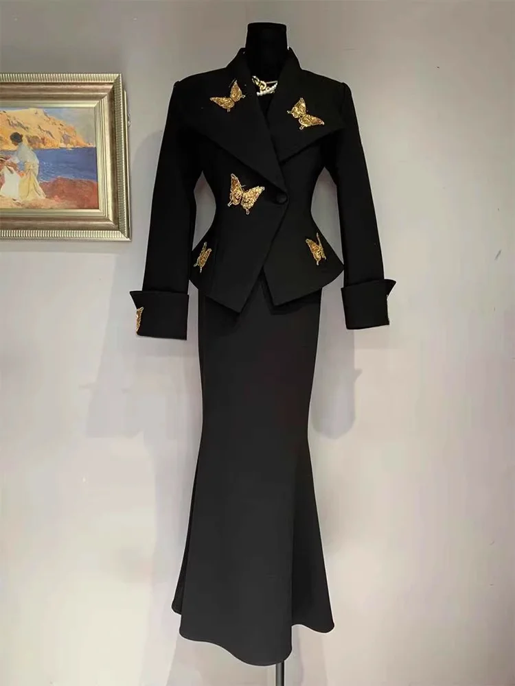 

Elegant Black Embroidery Suit Set Women's Fish Tail Skirt Professional Uniform Rich Girl Skirt Set Long Sleeve Poly...