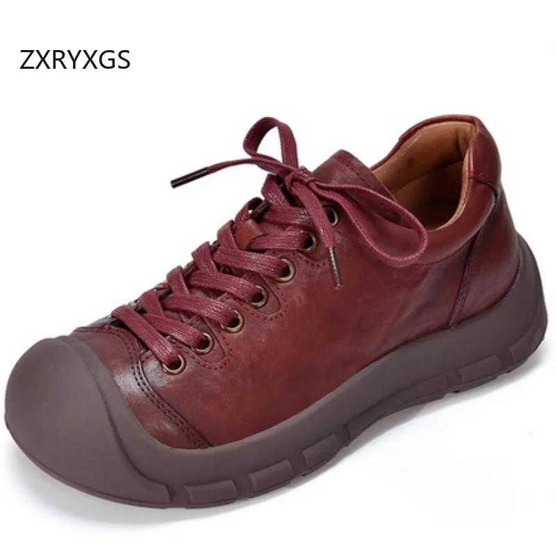 

ZXRYXGS Premium Cowhide Round Toe Lace-up Women Sneakers Casual Shoes Flat Thick Sole Comfort Full Real Leather Sneakers 2026