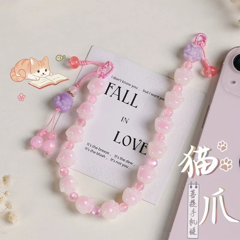 Cherry Blossom Pink Bodhi Cat Claw Phone Chain High End Beaded Wrist Strap Anti Loss Phone Lanyard Accessories Gifts