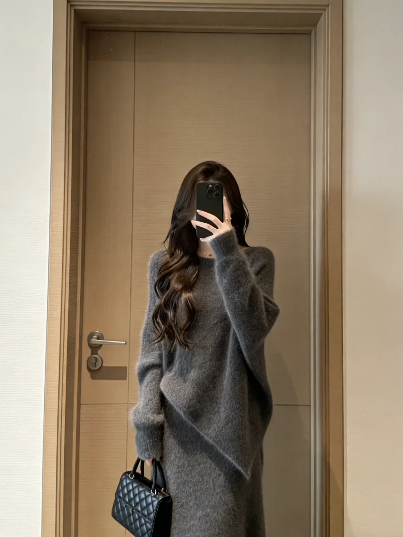

Chic Winter Outfit Korean Sle Loose Lazy Ele Faionable Long Sve Knitted Sweater And High Waist Long Skirt Set