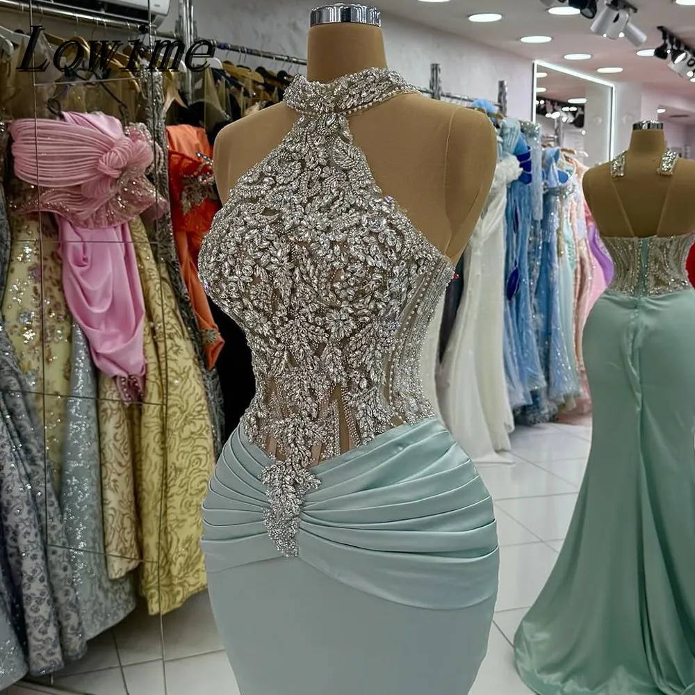 

Fashion Evening Gowns Halter Neck Prom Dress Crystal Appliques Satin Party Dresses Custom Made Vestidos de noche