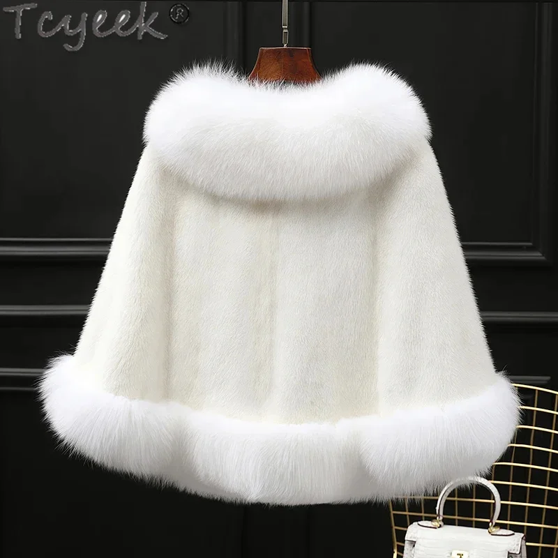 Casaco natural Twinyeek Mink Fur Shawl para mulheres, jaquetas de inverno com gola raposa quente, xales inteiros curtos, roupas femininas, 2022