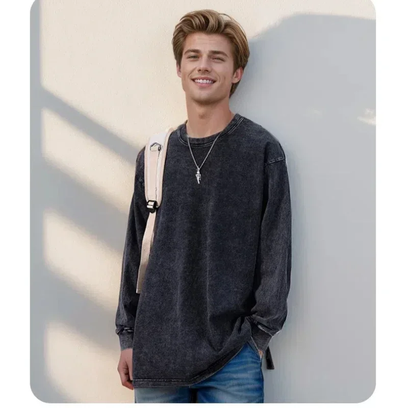 Men's Washed Long Sleeve T-shirts 230G Cotton High Street Retro Tee Korean Fashion Loose Y2K Tops