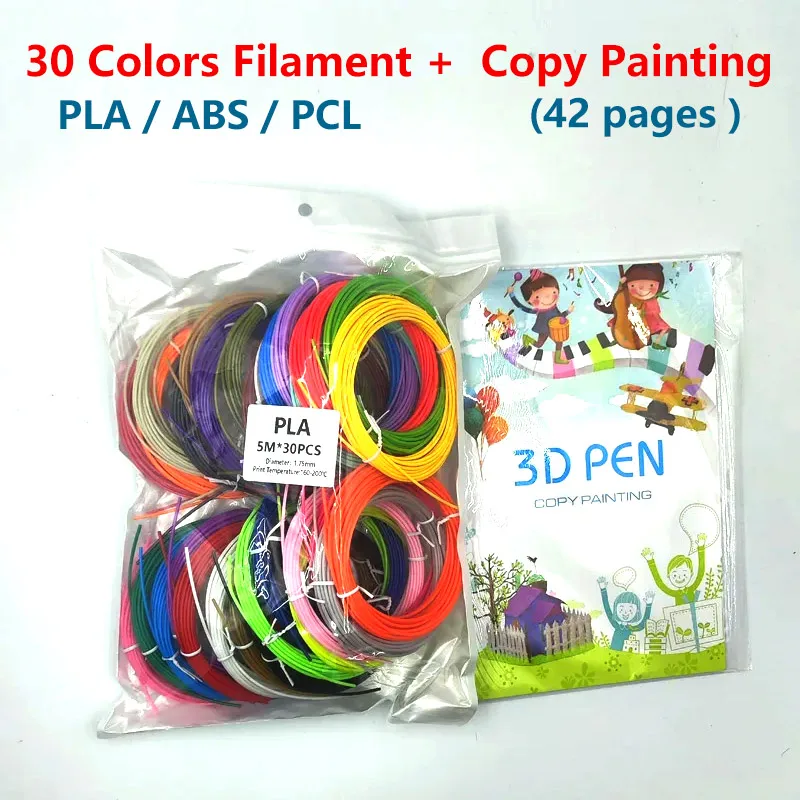 30 Colors 150m PLA/PLC/ABS 3D Pen Filament - Bright & Non-Repeating, 1.75mm Diameter, Includes 42 Page Copy Patterns