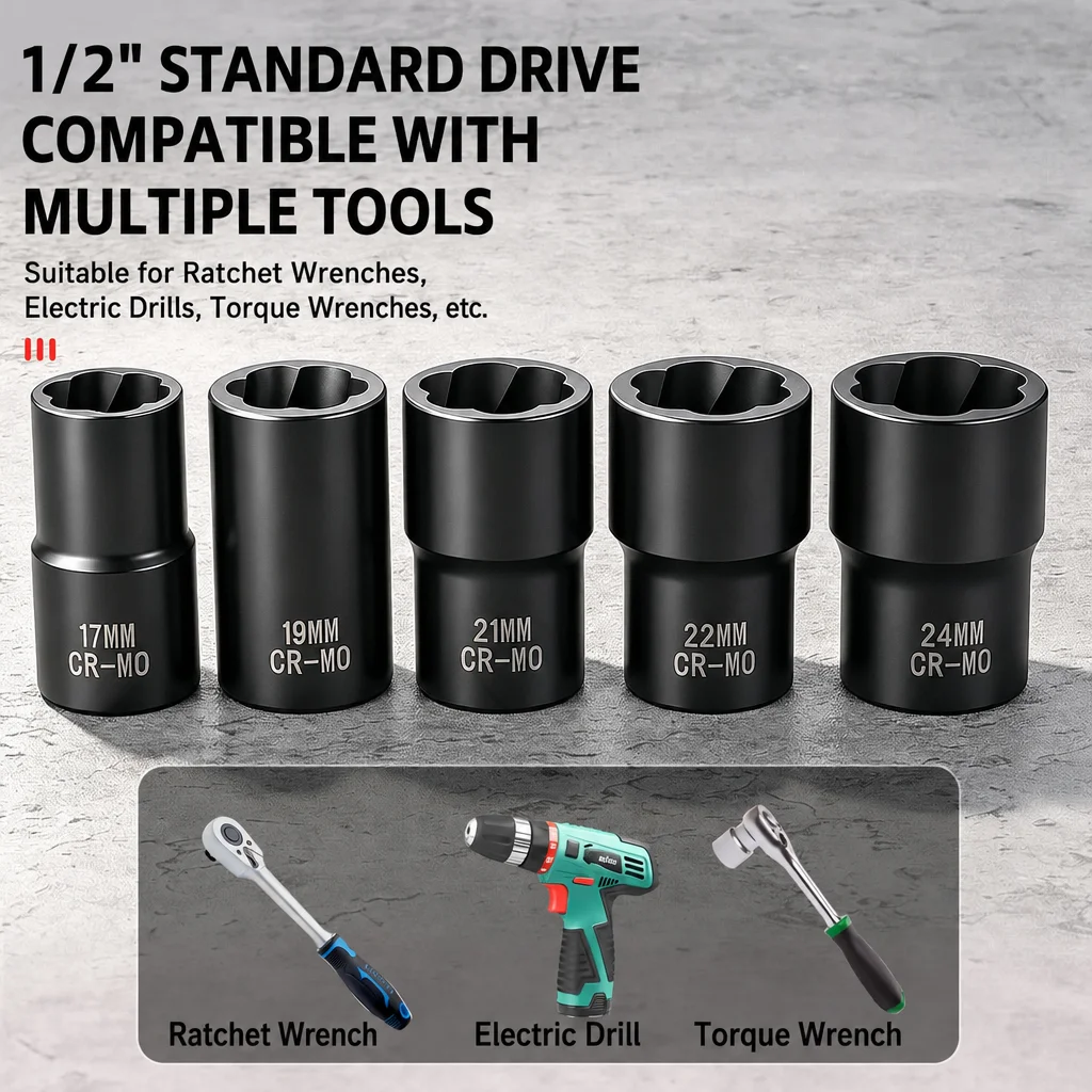 1/2 Interface Drive Twist Socket Set 17-24mm High Torque Lug Nut Remover Broken Bolt Extractor Impact Screw Extractor Tool