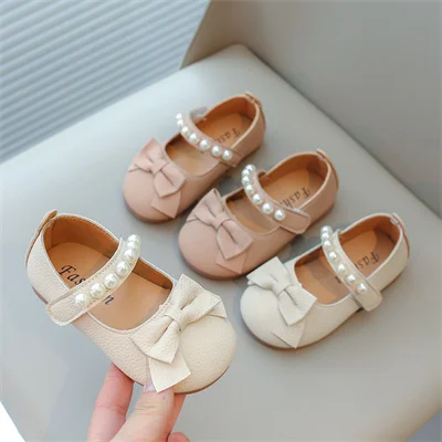 Girls Pearl Bow Round Toe Leather Shoes Pink/beige, Girls Spring and Autumn New Outdoor PU Casual Leather Shoes, Size 21-30