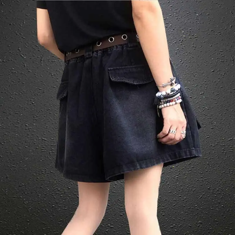 Elastische Taille Denim Shorts Dames Zomer Nieuw Vet Mm Grote Maat Losse Hoes Vlees Mager Een Woord Wijde Pijpen Vijf Kwart Broek Broek