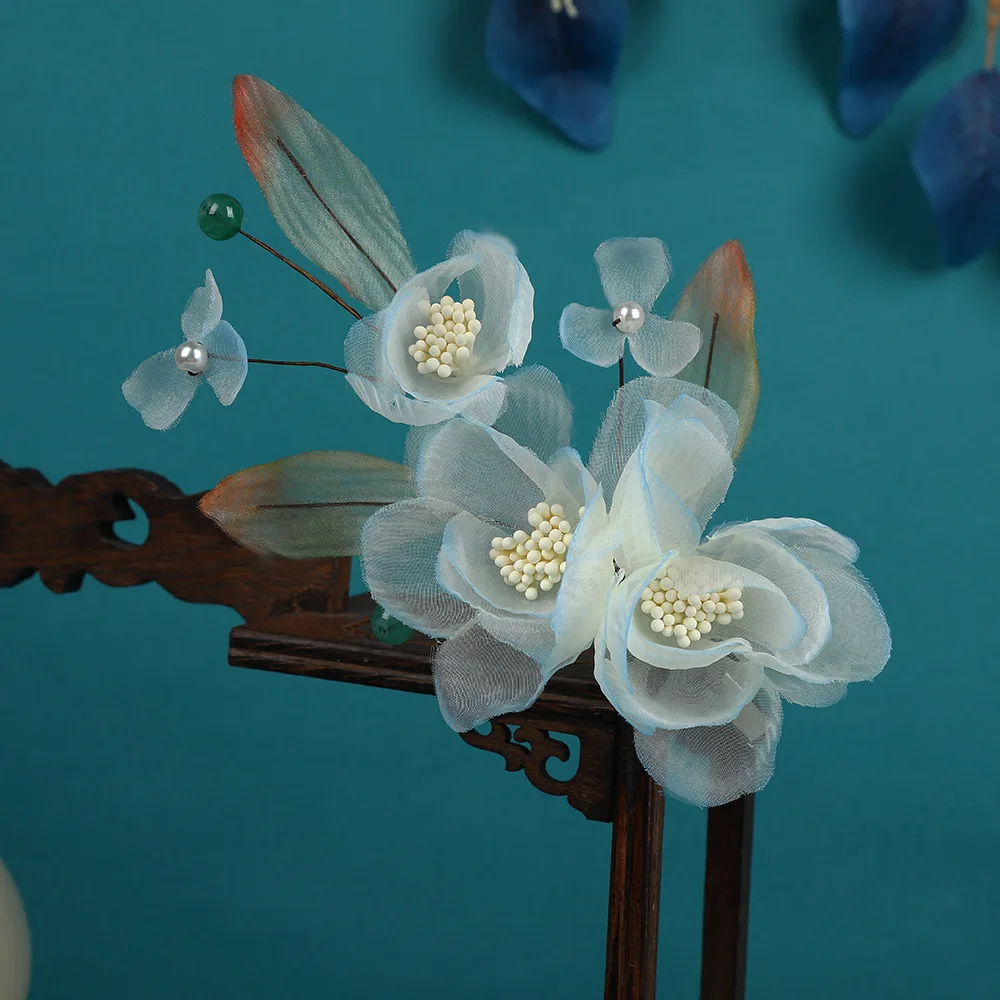 2024 New Original Design Handmade Gradual Change Light Blue Hot Flower Hairpin Hanfu Makeup Accessories Hanfu Hair Accessories