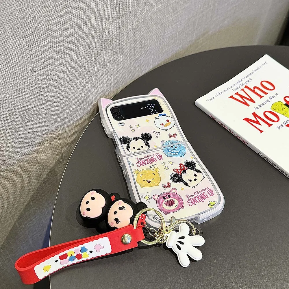 Cute Mickey Winnie the Pooh 3D Cat Ear With keychain Phone Case for Samsung Galaxy Z Flip 3 4 5 6 5G PC Hard Back Cover Funda