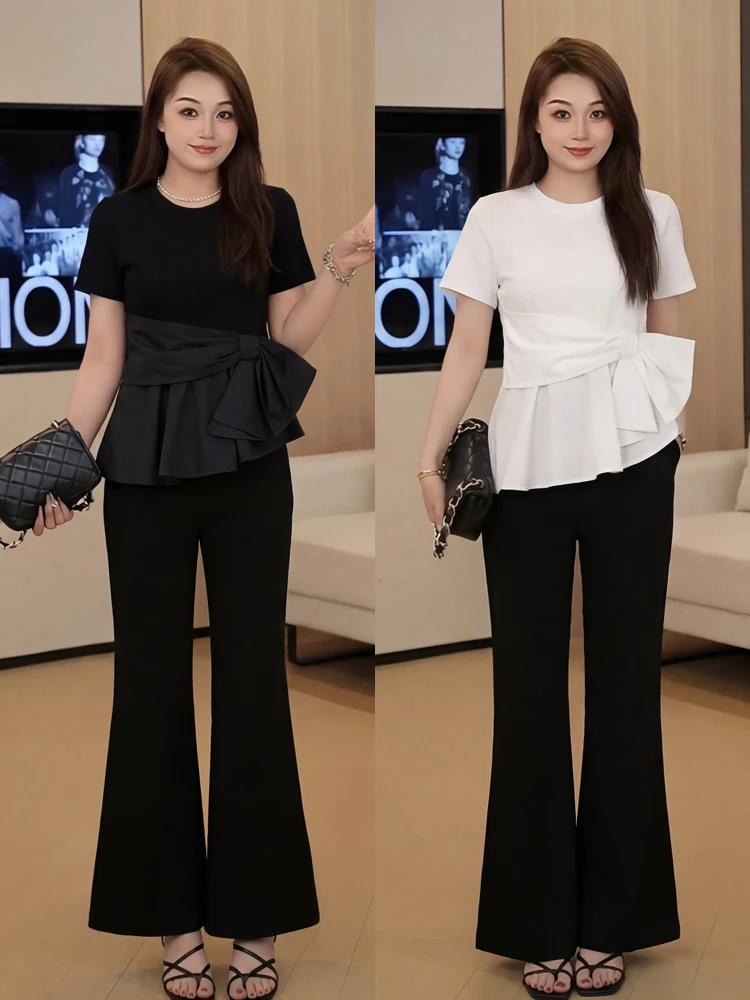 

Летний комплект: модный дизайн для женщин больших размеров, футболка с коротким рукавом и узлом, черные брюки микро-клеш, корейский стиль