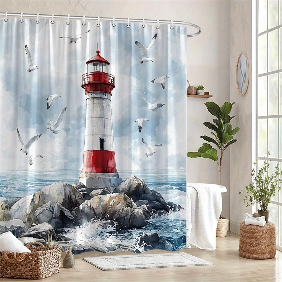 lighthouse and seagulls shower curtain coastal watercolor art design for seaside bathroom decor with hooks Simple Installation