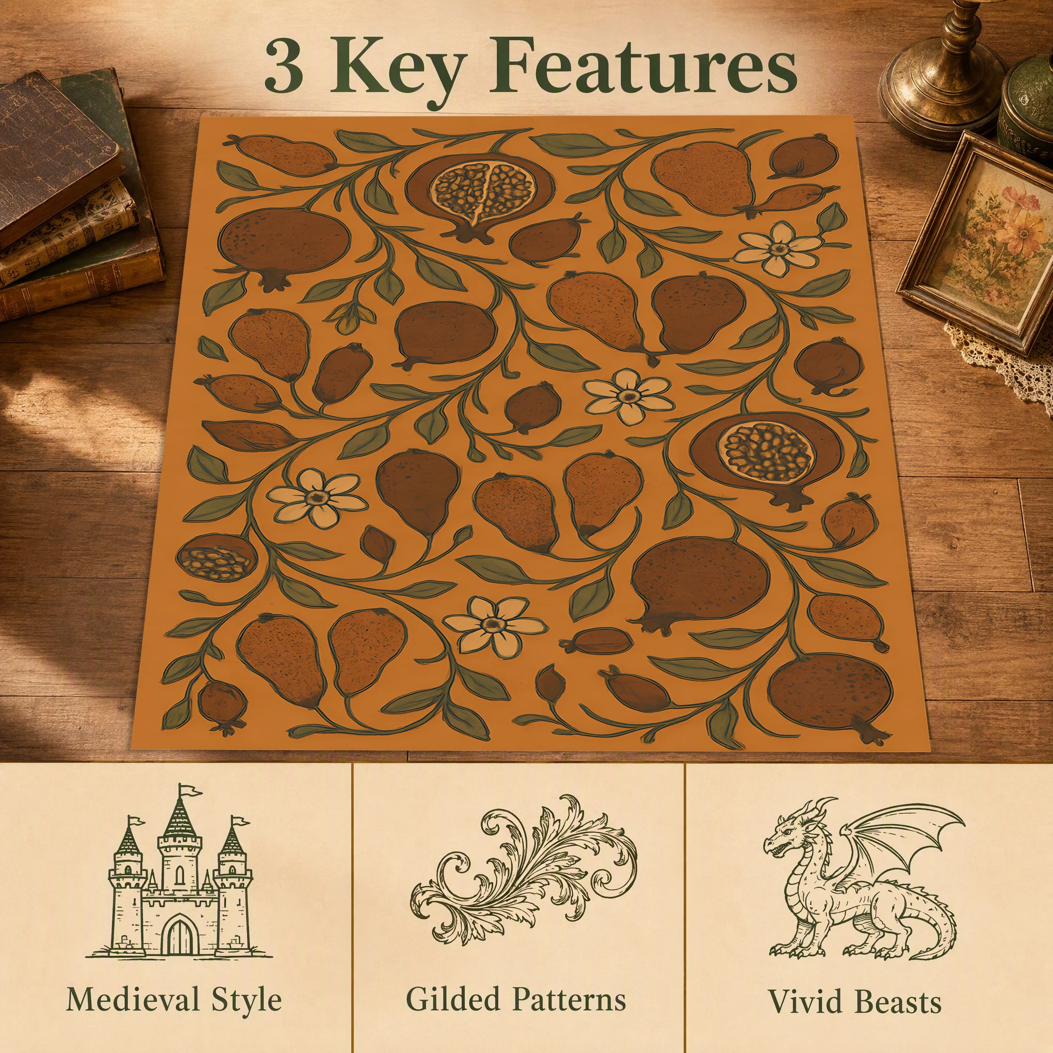 Velvet Rug Pomegranate Pear Vine Floral Pattern Retro for Living Room Bedroom Entryway Home Decor