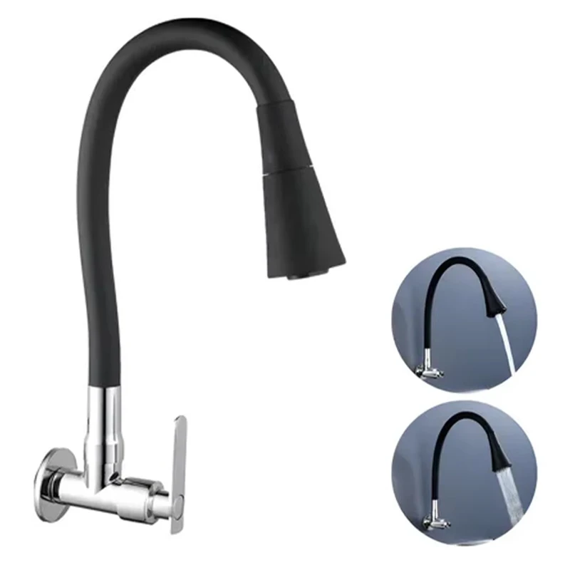 Black Wall Mounted Kitchen Faucet Colorful Optional Flexible Rotatable Neck Single Cold Water Tap 1/2