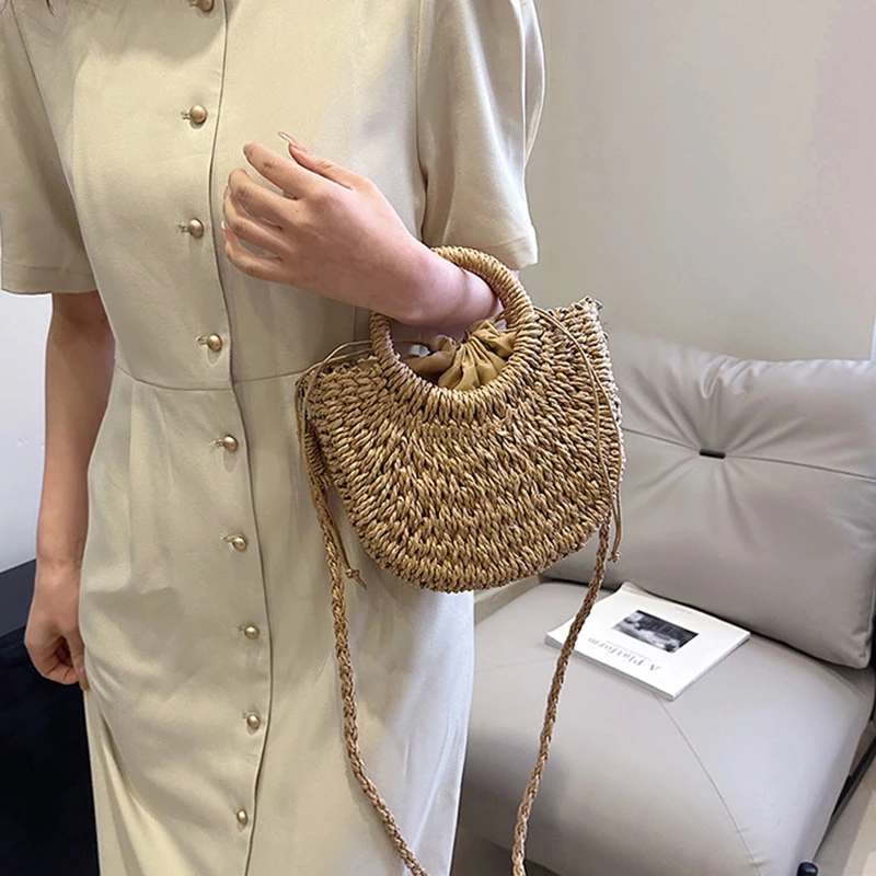 2026 NEUE Sommer Damen Handgefertigte Gewebte Stroh-Rattan Halbmond-Strandtasche Große Kapazität Hohle Crossbody Schultertasche – Detail 15