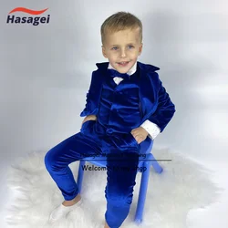 Royal Blue Boys abito in velluto 3 pezzi giacca pantaloni gilet bambini smoking da sposa Blazer da festa formale 2-16 anni abbigliamento da palcoscenico