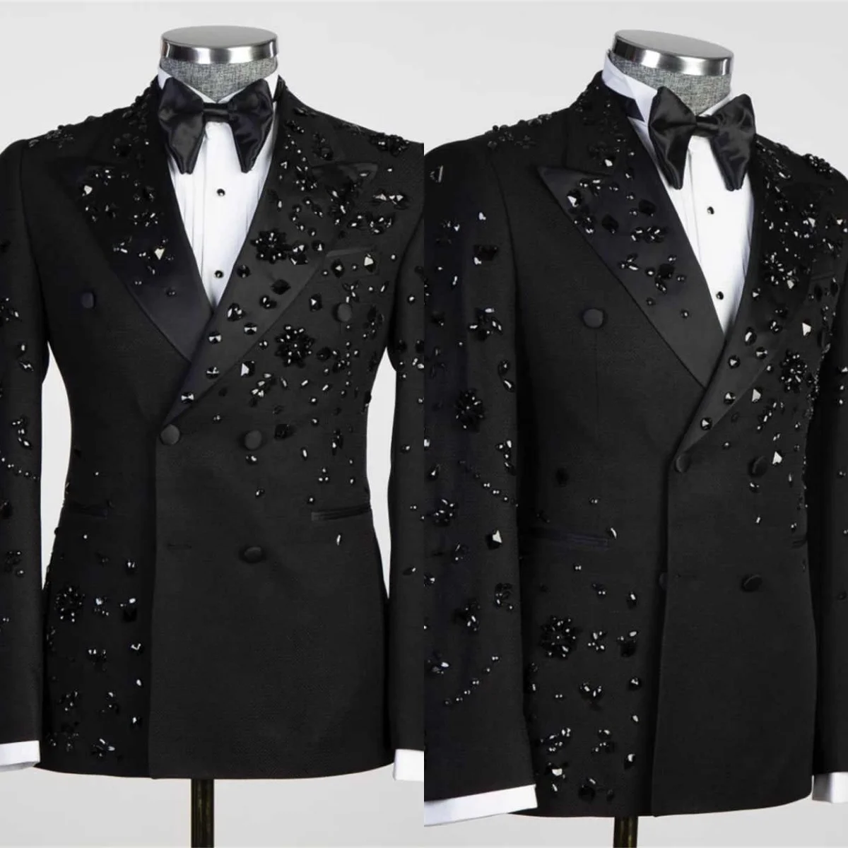 Luxury Men's Suit Coat Peaked Lapel Tuxedos Double Breasted Crystal Groom Wear Business Party Only Blazer Customized