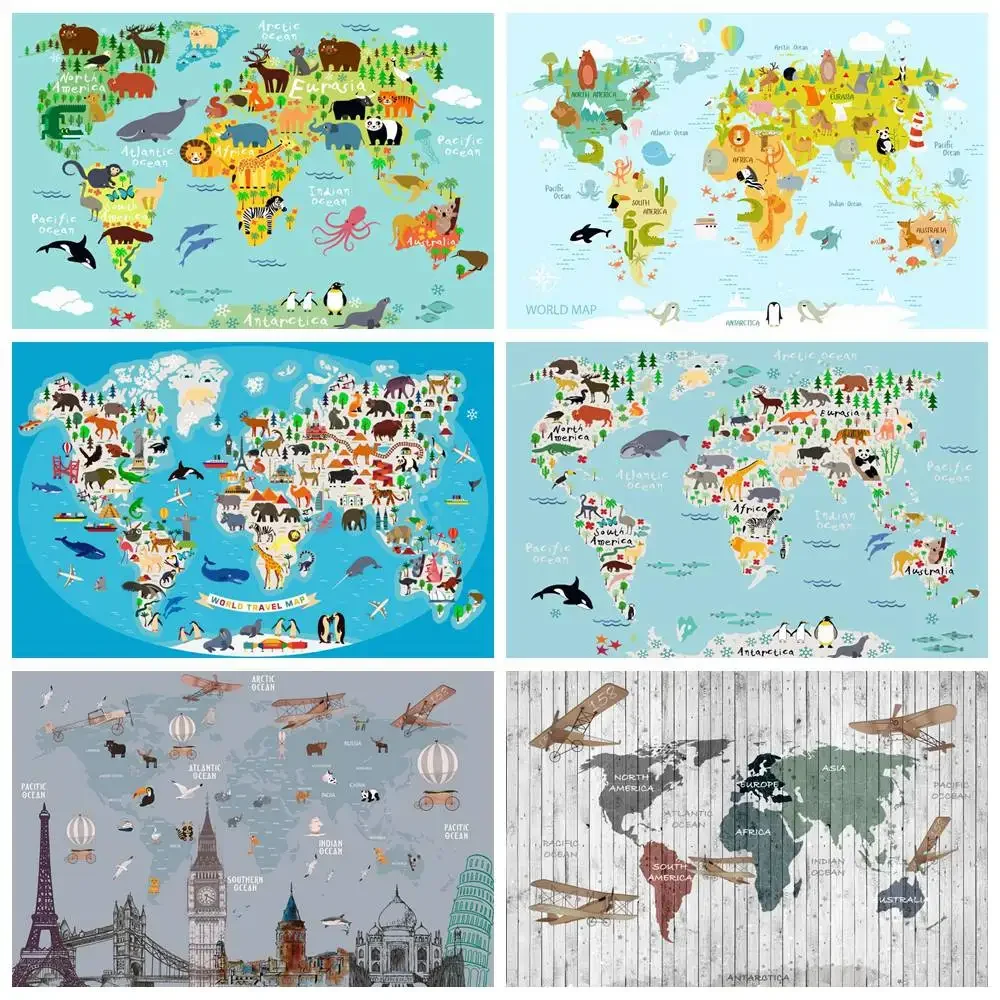 Baby World Map Backdrop Photography Birthday Decoration Custom Boys Ocean Shark Landmarks Wild Animals Party Photo Backgrounds