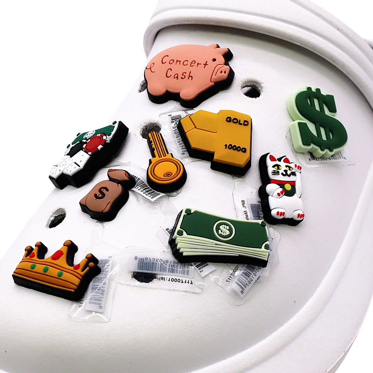 1Pc 3D Wealth Clog Charms Money Rich Lucky Fortune Gold Cash Dollar Crown Keys Cat Piggybank Dice Awesome Hole Shoes Accessories